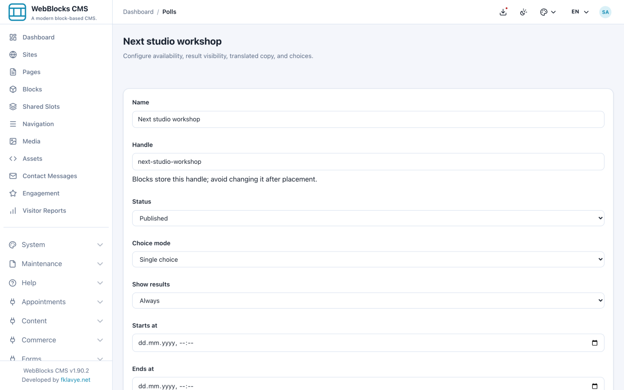 WebBlocks Polls: Poll questions, choices and result visibility in the real editor.