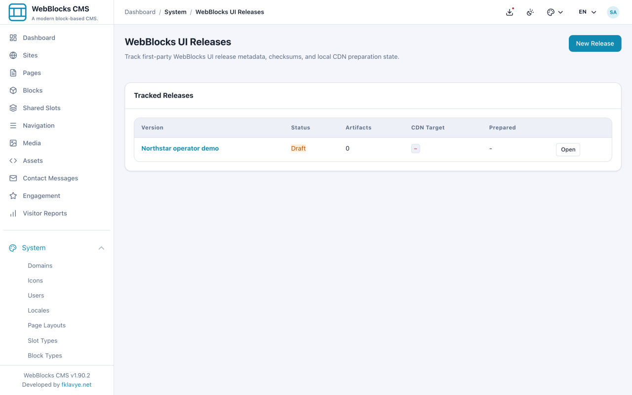WebBlocks UI Manager: Internal operator release tracking with one fictional draft and no CDN publication.