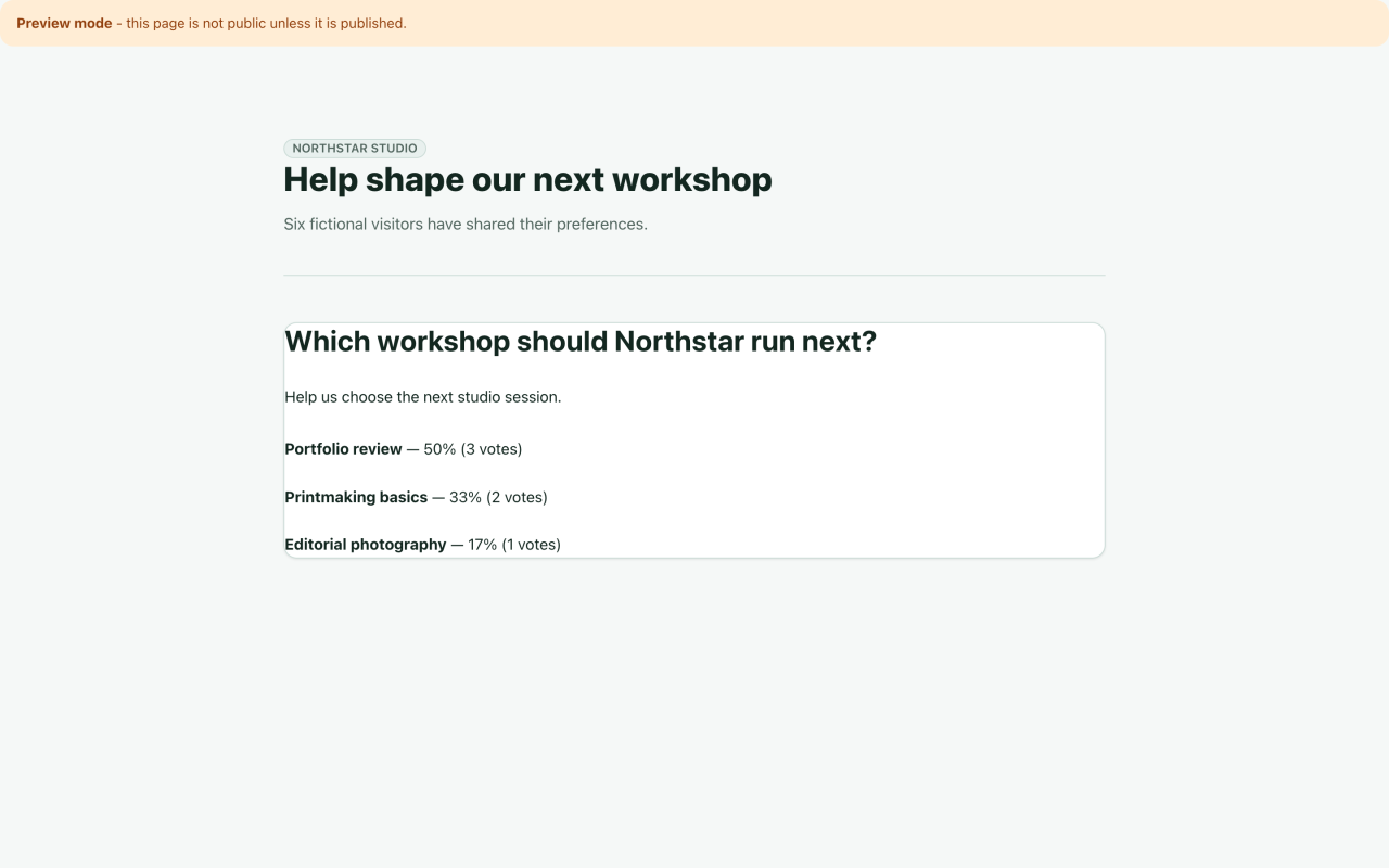 WebBlocks Polls: Actual visitor-facing polls block in a Northstar Studio draft preview. No page published.
